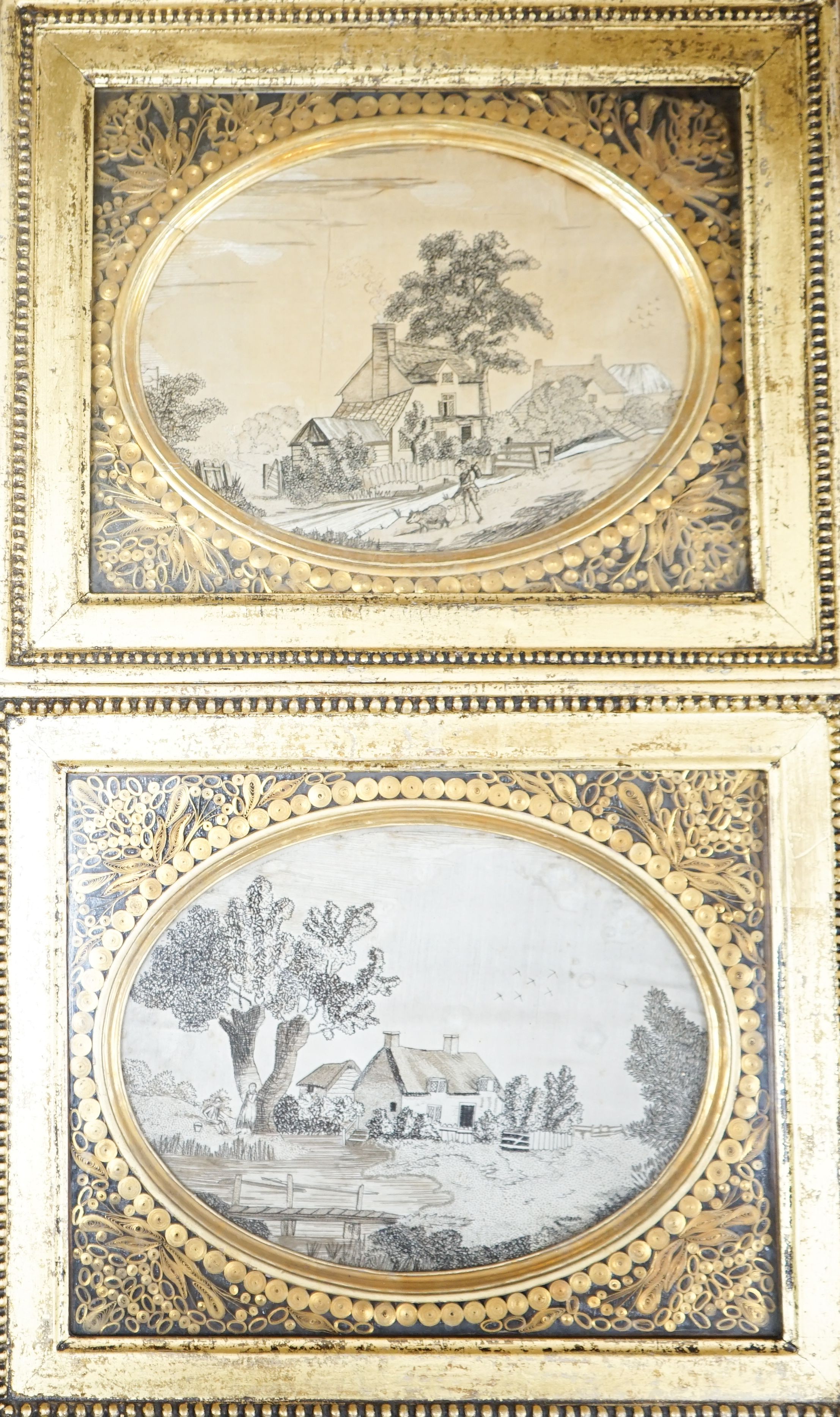 A pair of late Georgian rolled paperwork frames, containing embroidered silk pictures, 28x33cm external